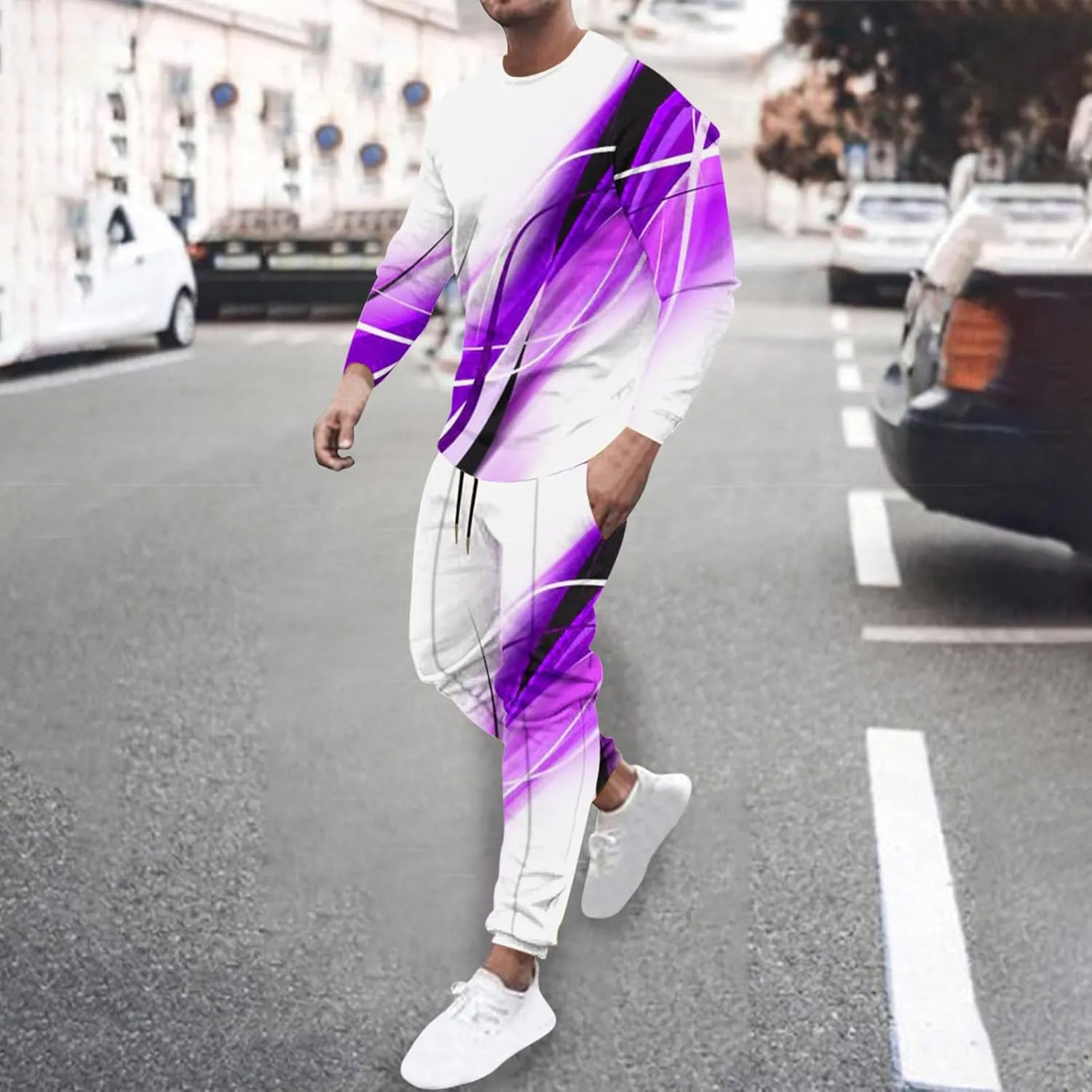 Muscularfit Men's Casual Active Tracksuits Sports Line Print Pullover Crewneck Sweatshirts Athletic Jogging 2 Piece Outfits