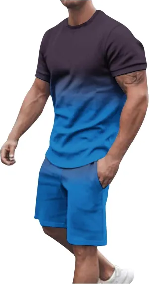 Muscularfit Mens Short Sets 2 Piece Outfits Workout Jogger Tracksuits Set Short Sleeve Gradient Color Shirt Casual Shorts Set