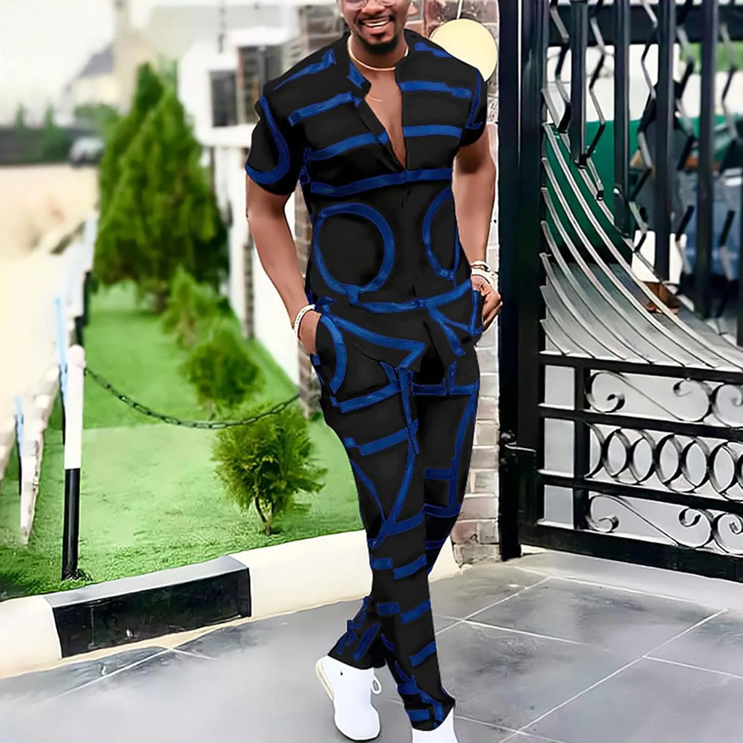Muscularfit Men's Short Sets Outfits 2 Piece Summer Tracksuit Short Sleeve Print Shirts and Pant Set Running Sweatsuit Set