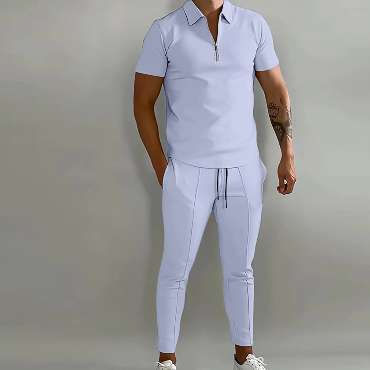 Muscularfit Men's 2 Piece Outfits Casual Long Sleeve Quarter Zip Pullover Shirts Drawstring Running Sports Pants Tracksuit