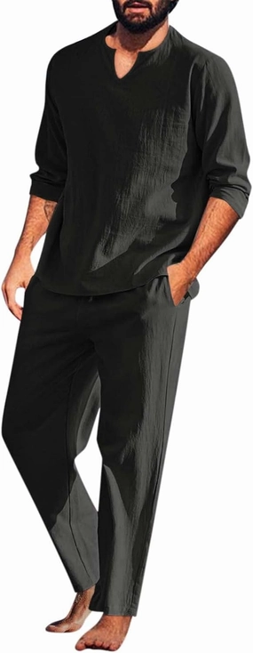 Muscularfit Men's 2 Pieces Cotton Linen Set Long Sleeve V-Neck Shirts Casual Beach Pant With Pockets Running Sports Tracksuit