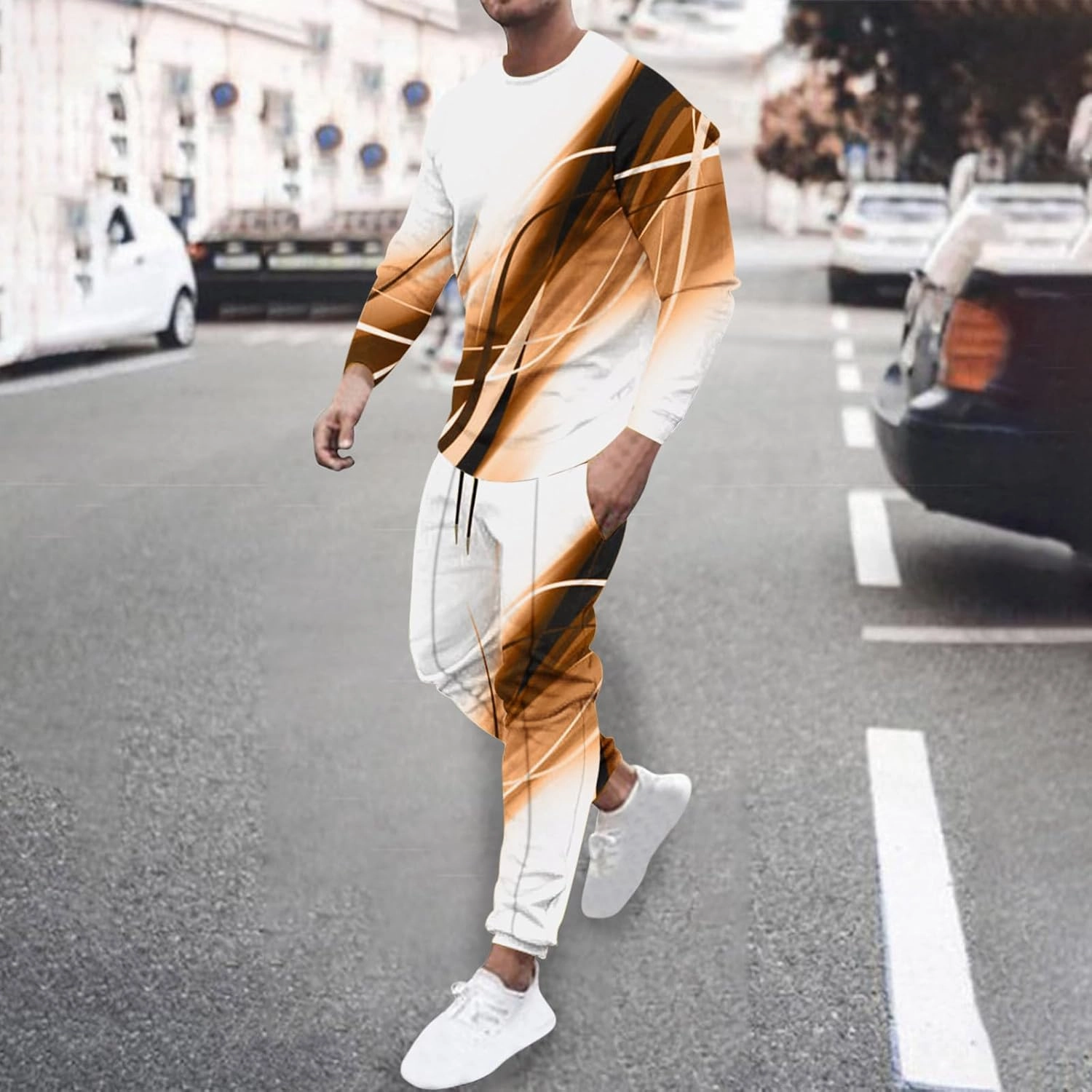 Muscularfit Men's Casual Active Tracksuits Sports Line Print Pullover Crewneck Sweatshirts Athletic Jogging 2 Piece Outfits