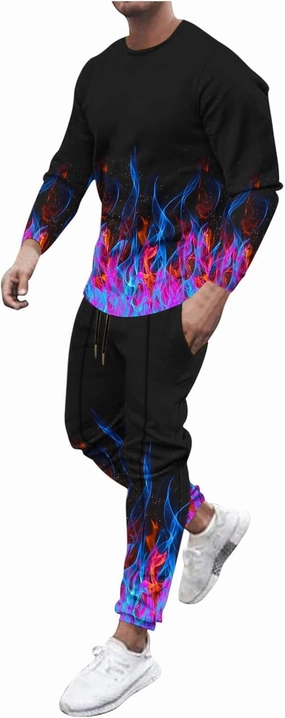 Muscularfit Men's Casual Tracksuit Long Sleeve Running Jogging Sweatsuit Causal Long Sleeve 3D Flame Print Sweatsuit 2 Piece