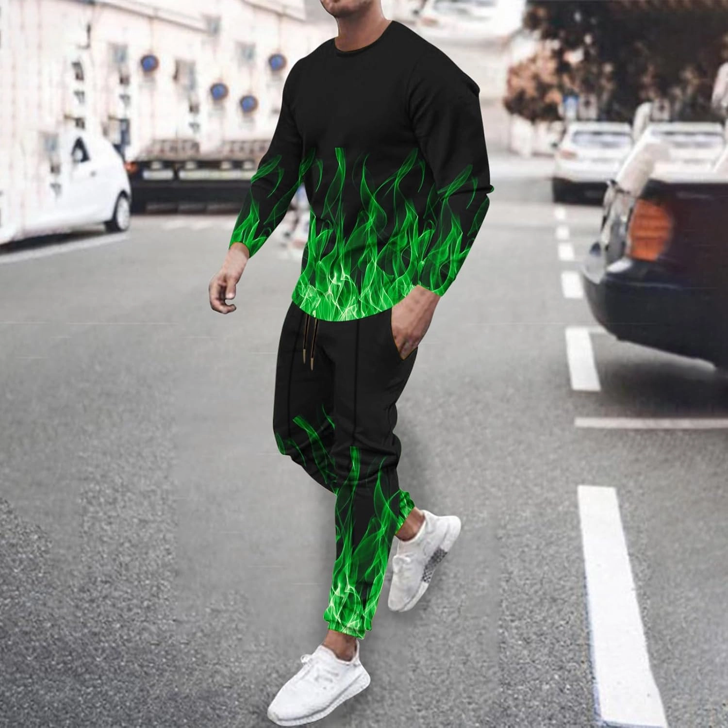 Muscularfit Men's Casual Tracksuit Long Sleeve Running Jogging Sweatsuit Causal Long Sleeve 3D Flame Print Sweatsuit 2 Piece