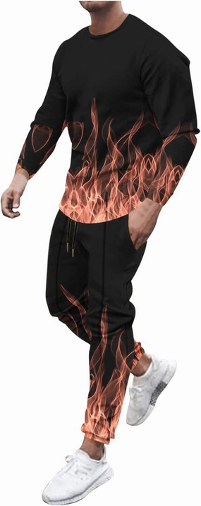 Muscularfit Men's Casual Tracksuit Long Sleeve Running Jogging Sweatsuit Causal Long Sleeve 3D Flame Print Sweatsuit 2 Piece