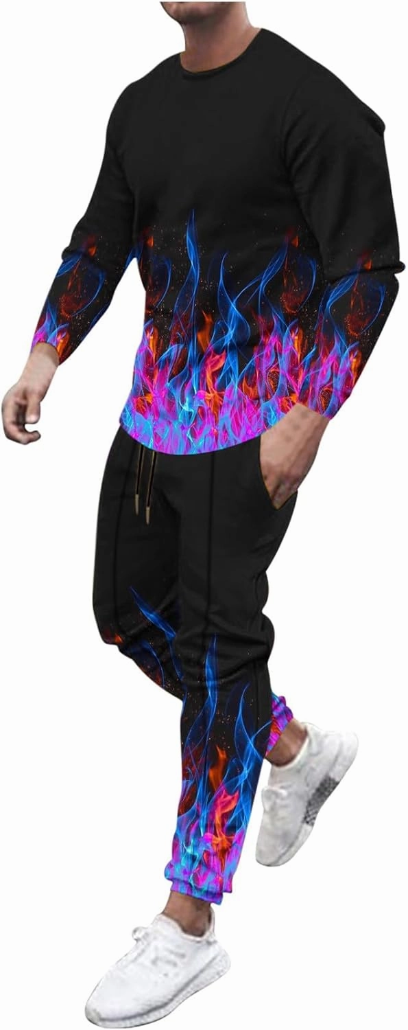 Muscularfit Men's Casual Tracksuit Long Sleeve Running Jogging Sweatsuit Causal Long Sleeve 3D Flame Print Sweatsuit 2 Piece