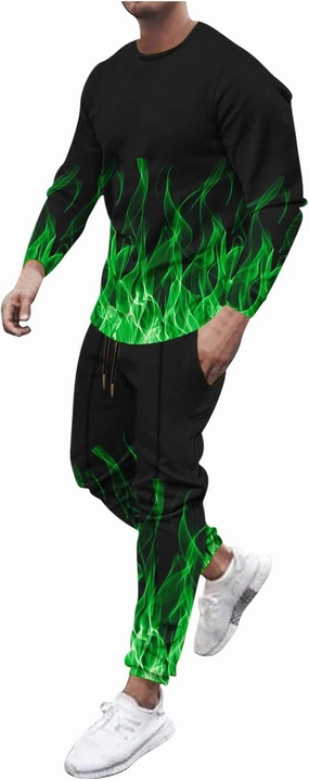 Muscularfit Men's Casual Tracksuit Long Sleeve Running Jogging Sweatsuit Causal Long Sleeve 3D Flame Print Sweatsuit 2 Piece
