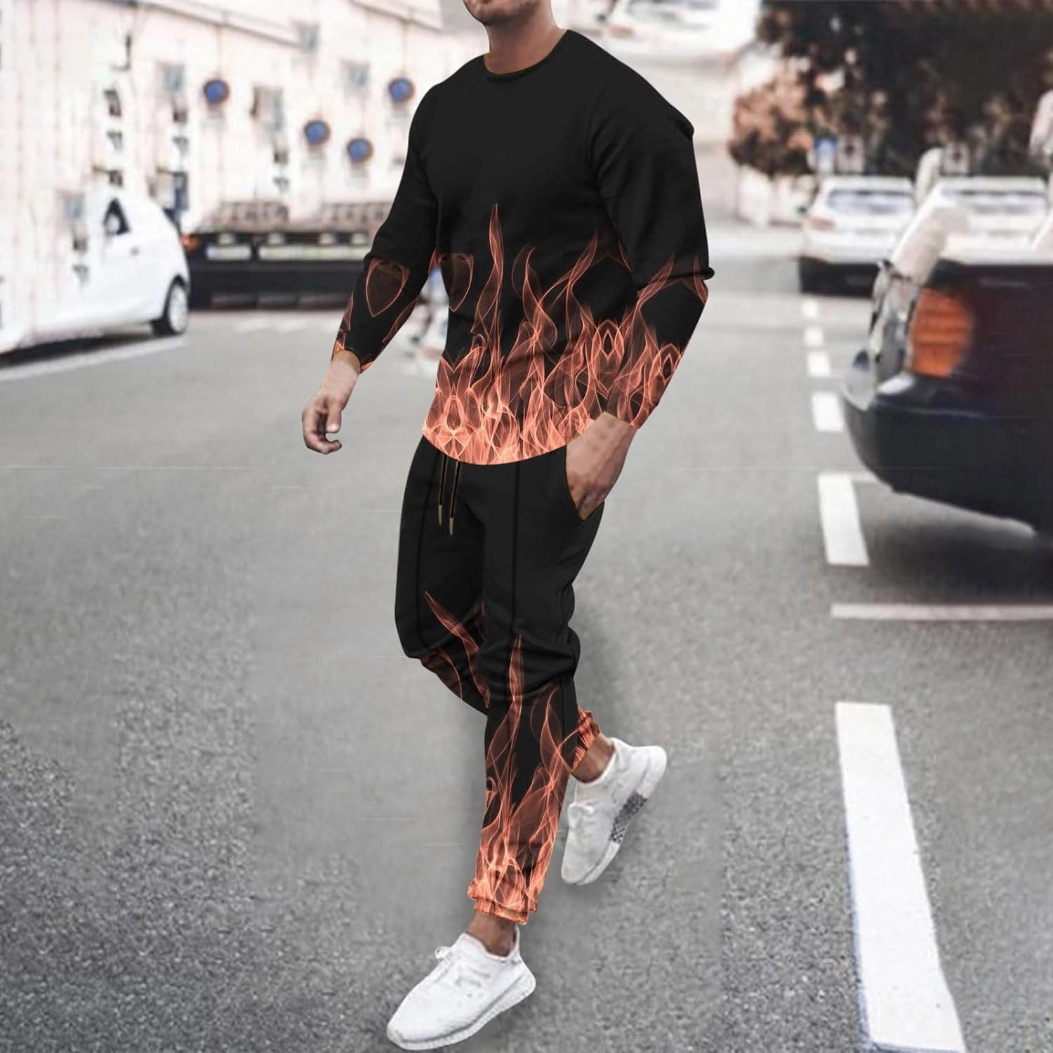 Muscularfit Men's Casual Tracksuit Long Sleeve Running Jogging Sweatsuit Causal Long Sleeve 3D Flame Print Sweatsuit 2 Piece