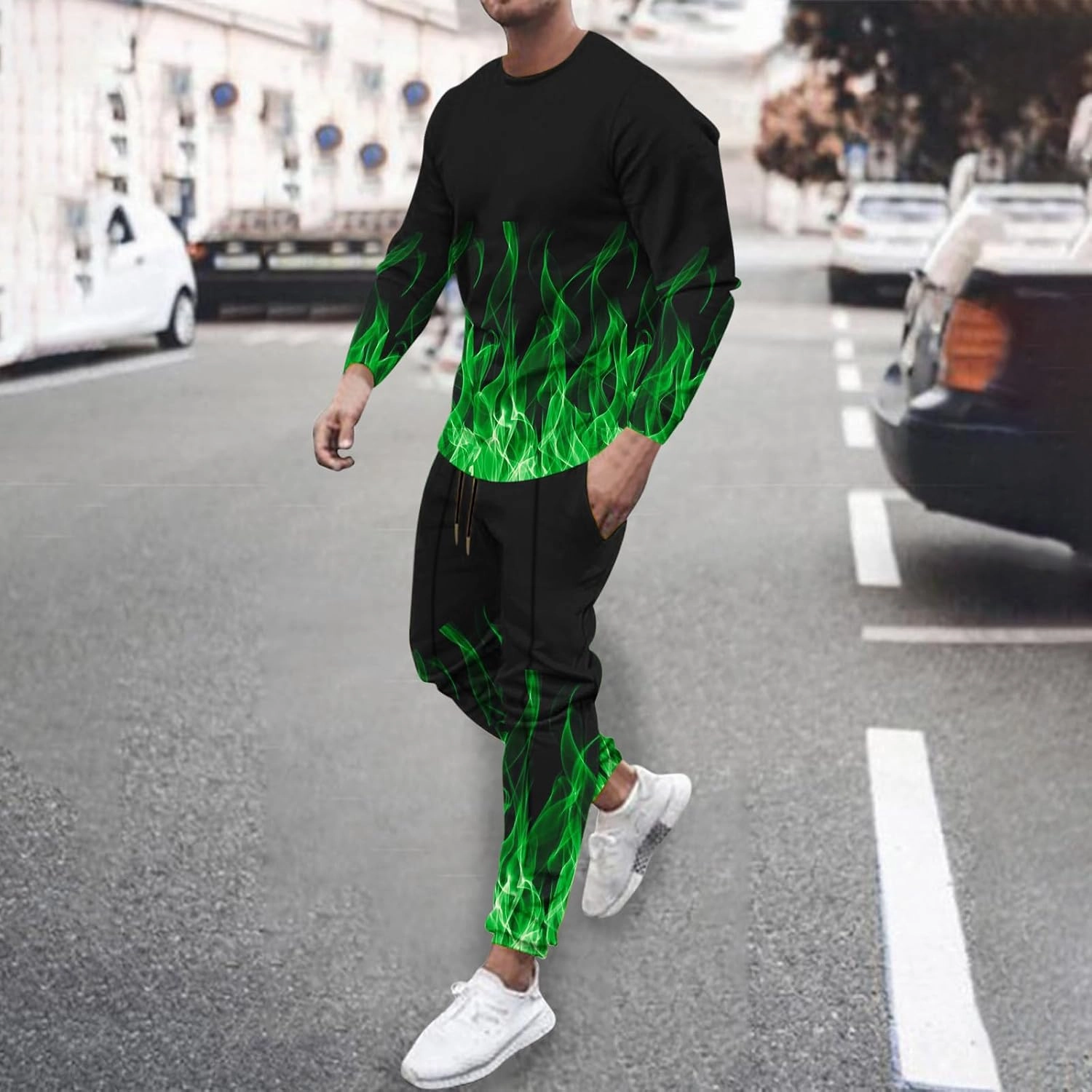 Muscularfit Men's Casual Tracksuit Long Sleeve Running Jogging Sweatsuit Causal Long Sleeve 3D Flame Print Sweatsuit 2 Piece
