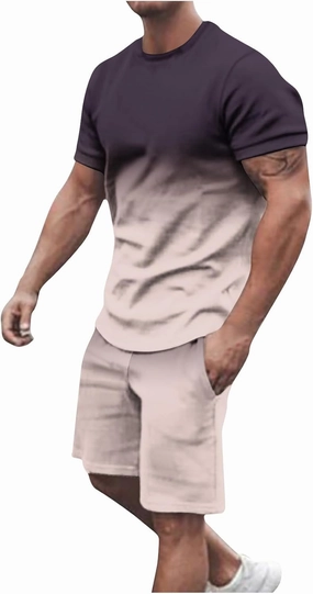 Muscularfit Mens Short Sets 2 Piece Outfits Workout Jogger Tracksuits Set Short Sleeve Gradient Color Shirt Casual Shorts Set