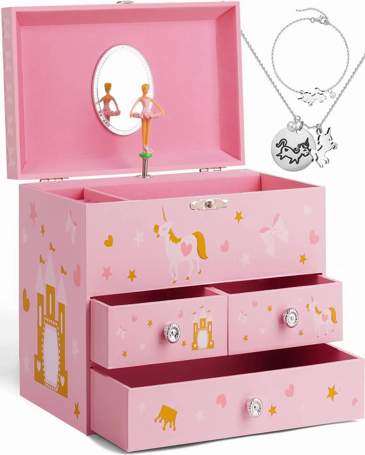 Musical Jewelry Box for Girls 8.07 x 5.12 x 6.14 with 3 Pullout Drawers Spinning Ballerina & Unicorn Jewelry Set, Music Boxes for Birthday Valentine Christmas Gift Waltz of Flowers Tune