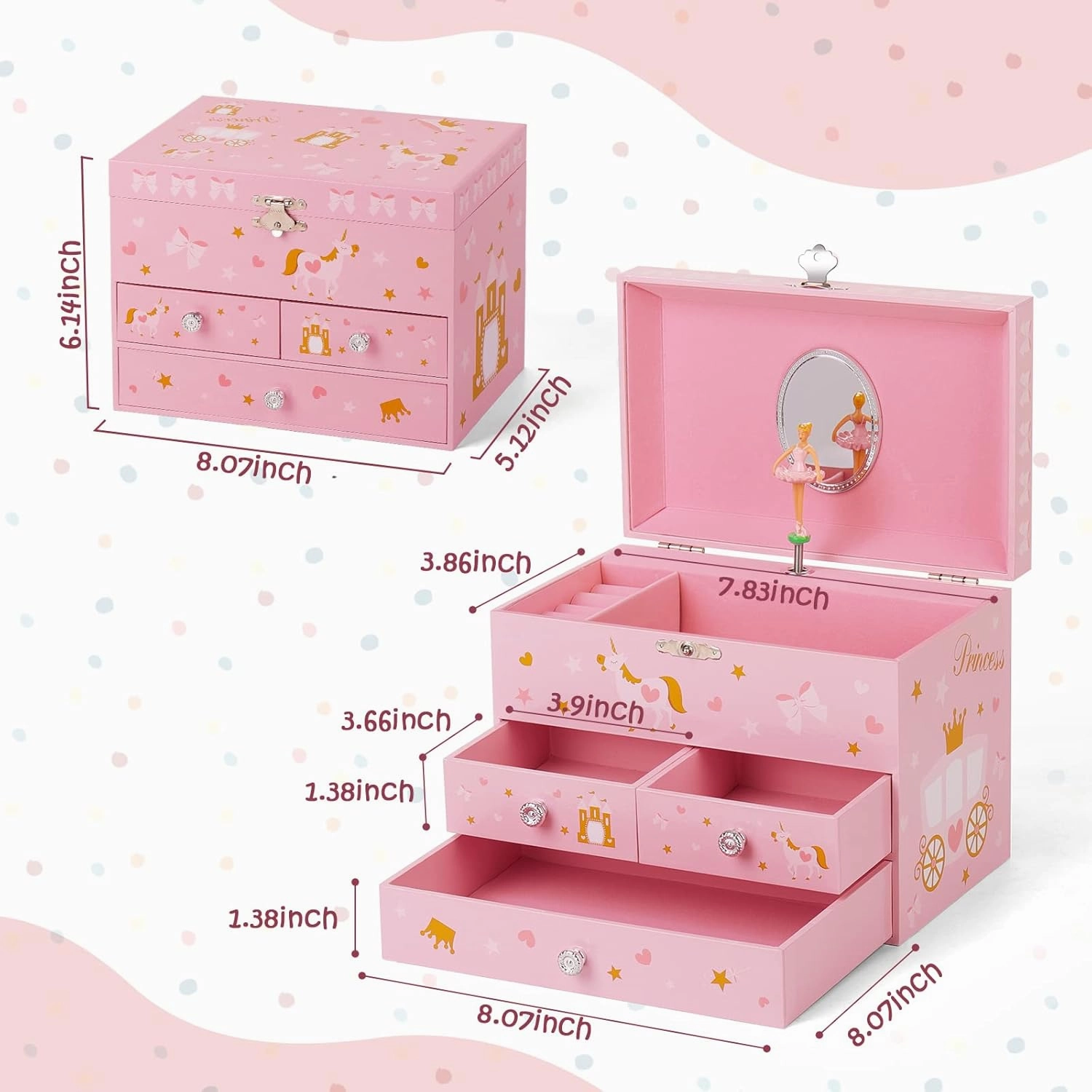 Musical Jewelry Box for Girls 8.07 x 5.12 x 6.14 with 3 Pullout Drawers Spinning Ballerina & Unicorn Jewelry Set, Music Boxes for Birthday Valentine Christmas Gift Waltz of Flowers Tune