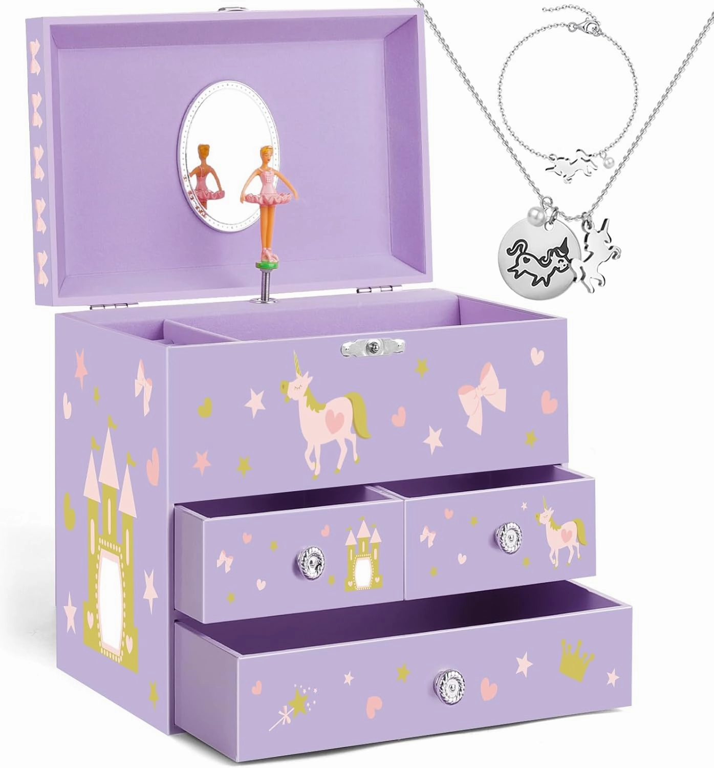 Musical Jewelry Box for Girls with 3 Drawers, Unicorn Toys for Girls Age 3-8 with Spinning Ballerina & Unicorn Jewelry Set, Girls Music Boxes Birthday Christmas Gift Purple