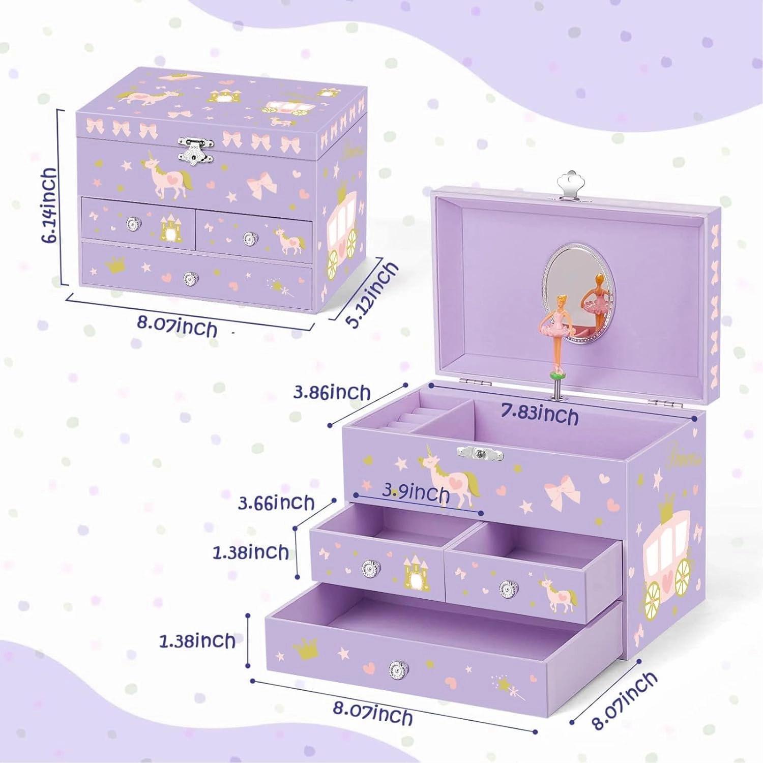 Musical Jewelry Box for Girls with 3 Drawers, Unicorn Toys for Girls Age 3-8 with Spinning Ballerina & Unicorn Jewelry Set, Girls Music Boxes Birthday Christmas Gift Purple
