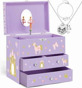 Musical Jewelry Box for Girls with 3 Drawers, Unicorn Toys for Girls Age 3-8 with Spinning Ballerina & Unicorn Jewelry Set, Girls Music Boxes Birthday Christmas Gift Purple