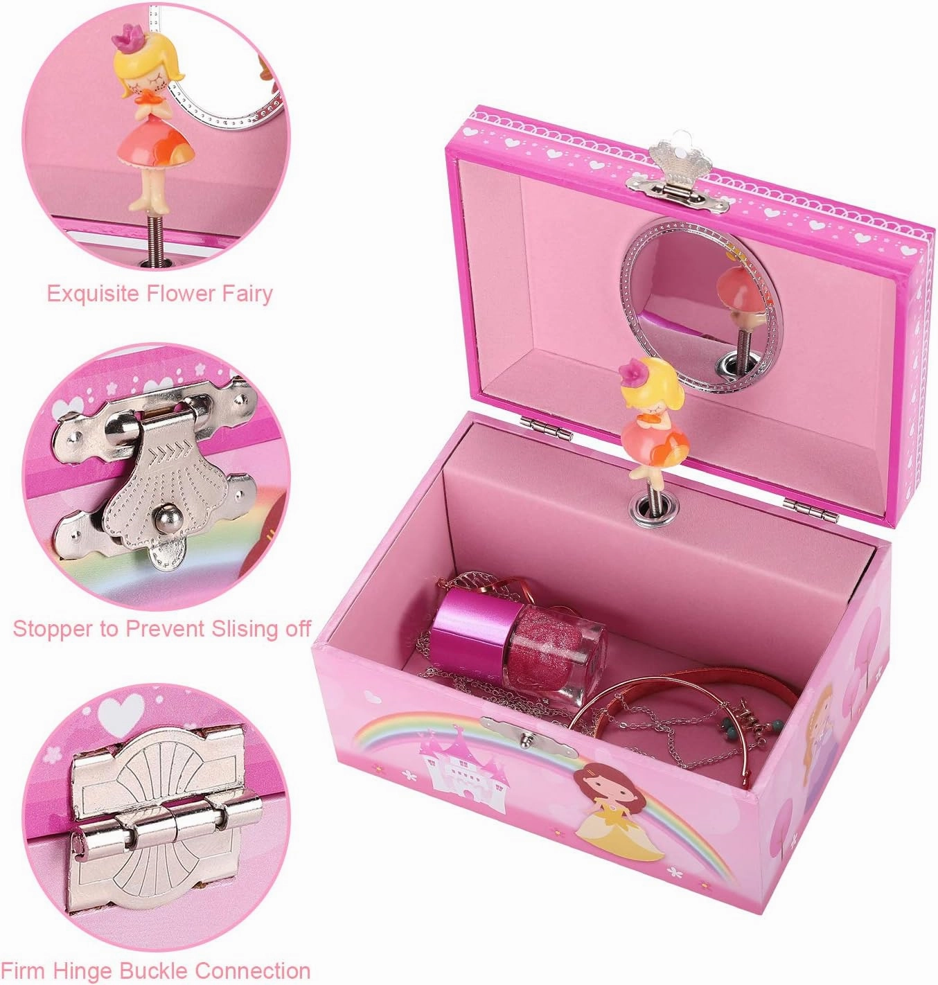 Musical Jewelry Box with Spinning Figurines Music Box Jewel Storage Case Best Gift Toys for Girls (Rose red Princess)