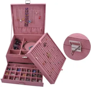 MUSUMI Jewelry Box 3-Layer Jewelry Box Storage Box Necklace Ring Bracelet Bracelet Earrings Watch Jewelry Storage Box Velvet Jewelry Box Jewelry Box Organizer (Pink)