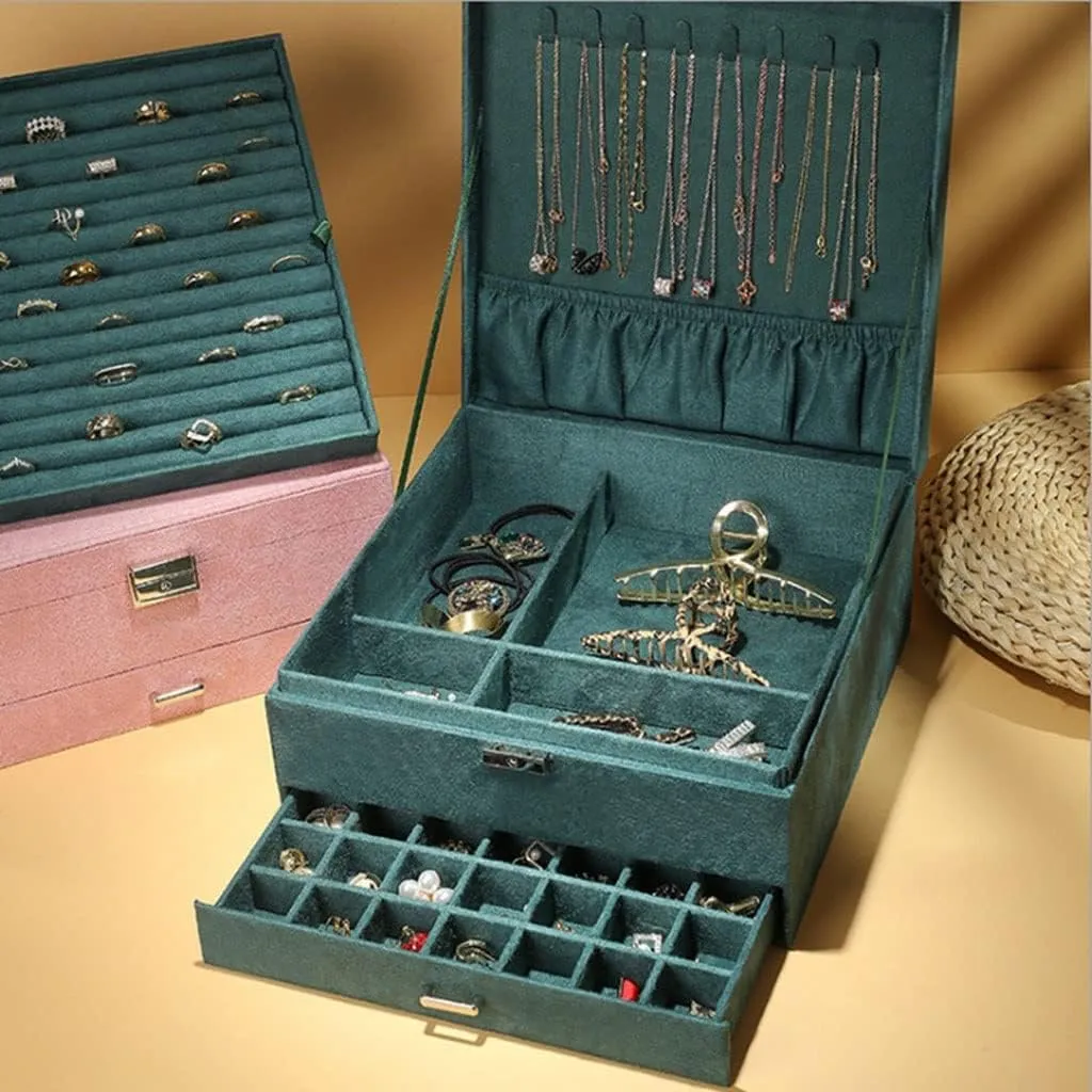 MUSUMI Jewelry Box 3-Layer Jewelry Box Storage Box Necklace Ring Bracelet Bracelet Earrings Watch Jewelry Storage Box Velvet Jewelry Box Jewelry Box Organizer (Pink)