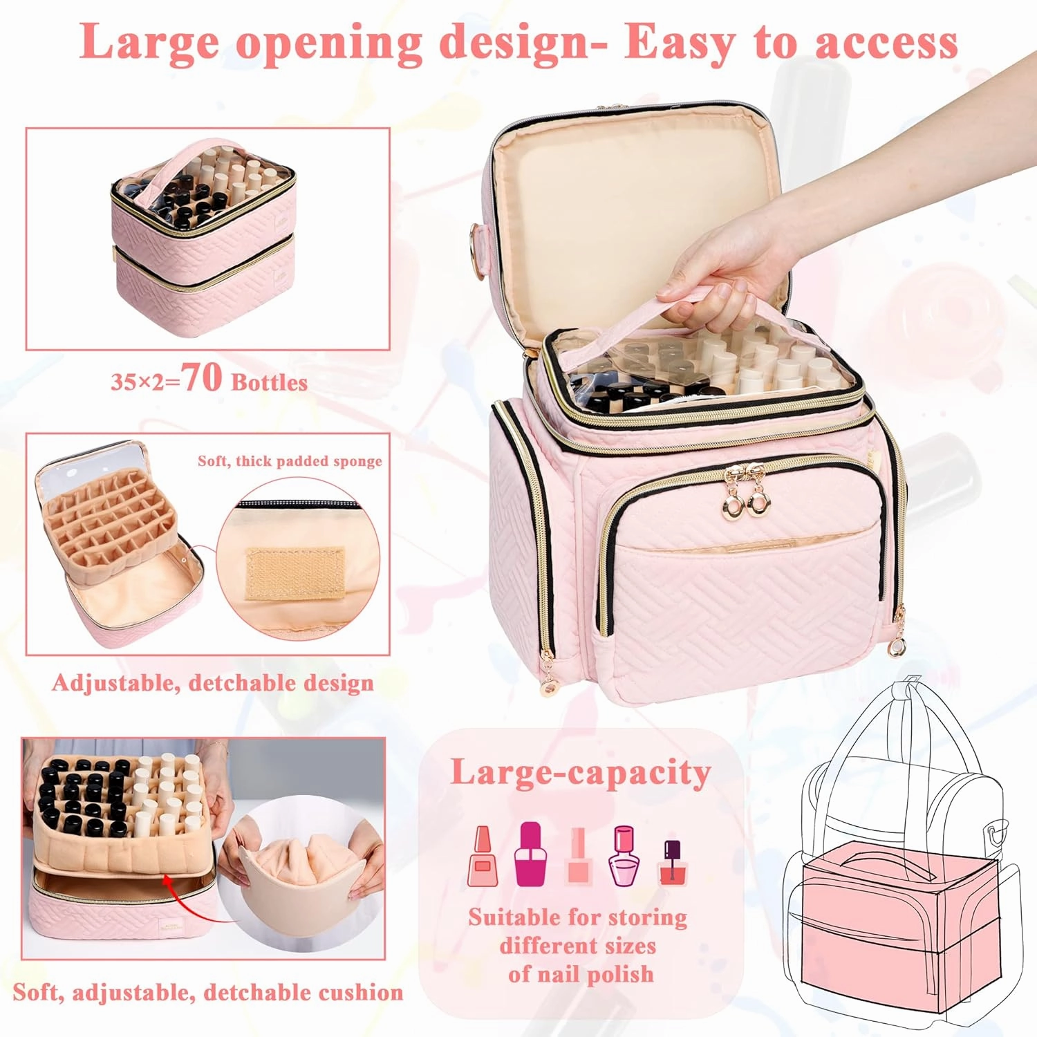Nail Polish Organizer Bag Holds 70 Bottles& Nail Lamp, Velvet Nail Kit Storage Carrying Case with 2 Removable Pouches, Portable Travel Nail Supplies Shoulder Bag for Manicure Tools (Soft Pink)