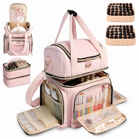 Nail Polish Organizer Bag Holds 70 Bottles& Nail Lamp, Velvet Nail Kit Storage Carrying Case with 2 Removable Pouches, Portable Travel Nail Supplies Shoulder Bag for Manicure Tools (Soft Pink)