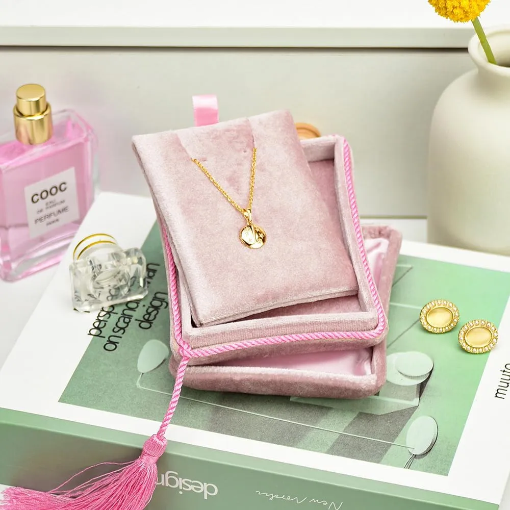 Necklace Boxes, Velvet Small Earring and Necklace Case for Women with Tassel, Empty Long Necklace Pendant Box for Her(Pink)
