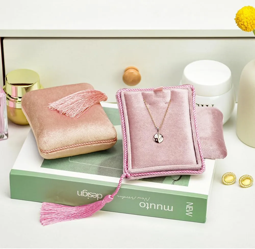 Necklace Boxes, Velvet Small Earring and Necklace Case for Women with Tassel, Empty Long Necklace Pendant Box for Her(Pink)