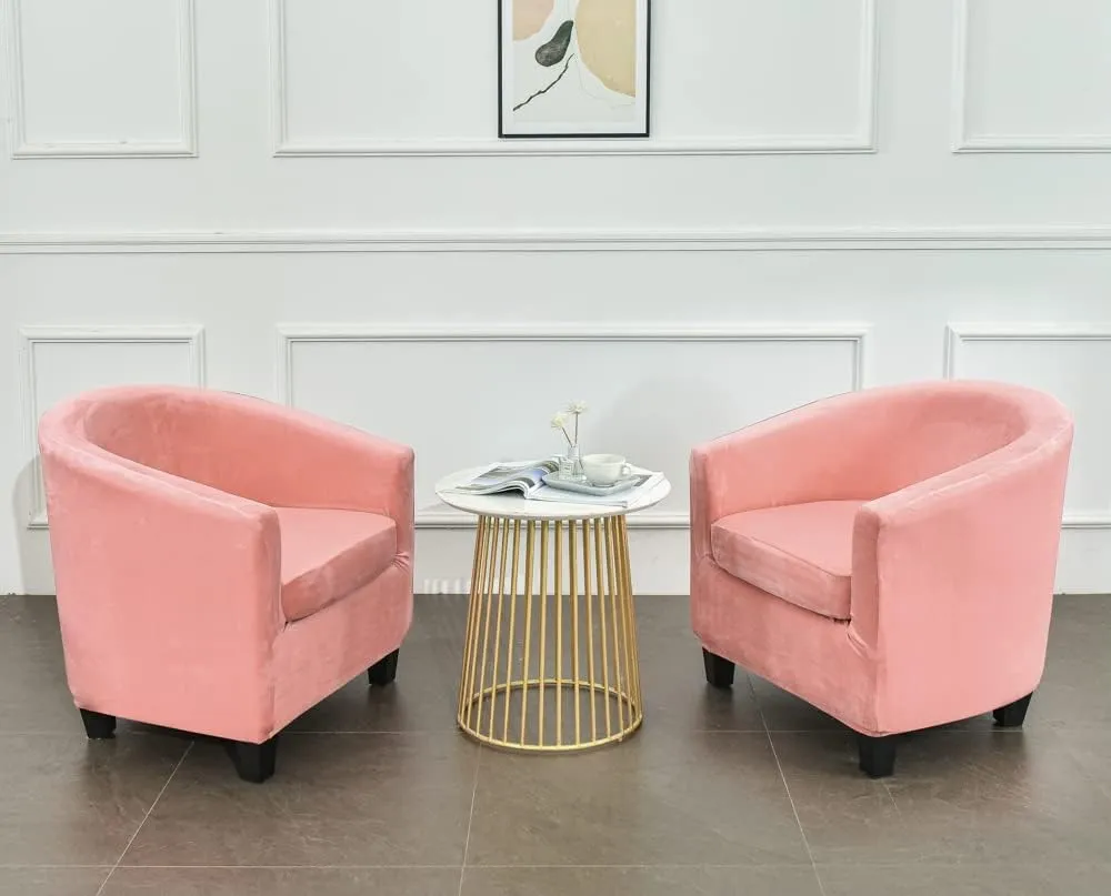 NILUOH Velvet Club Chair Slipcover 2 Piece Stretch Tub Chair Cover Round Barrel Chair Covers Non Slip Armchair Covers Couch Covers with Elastic Bottom for Bar Counter Living Room(Pink)