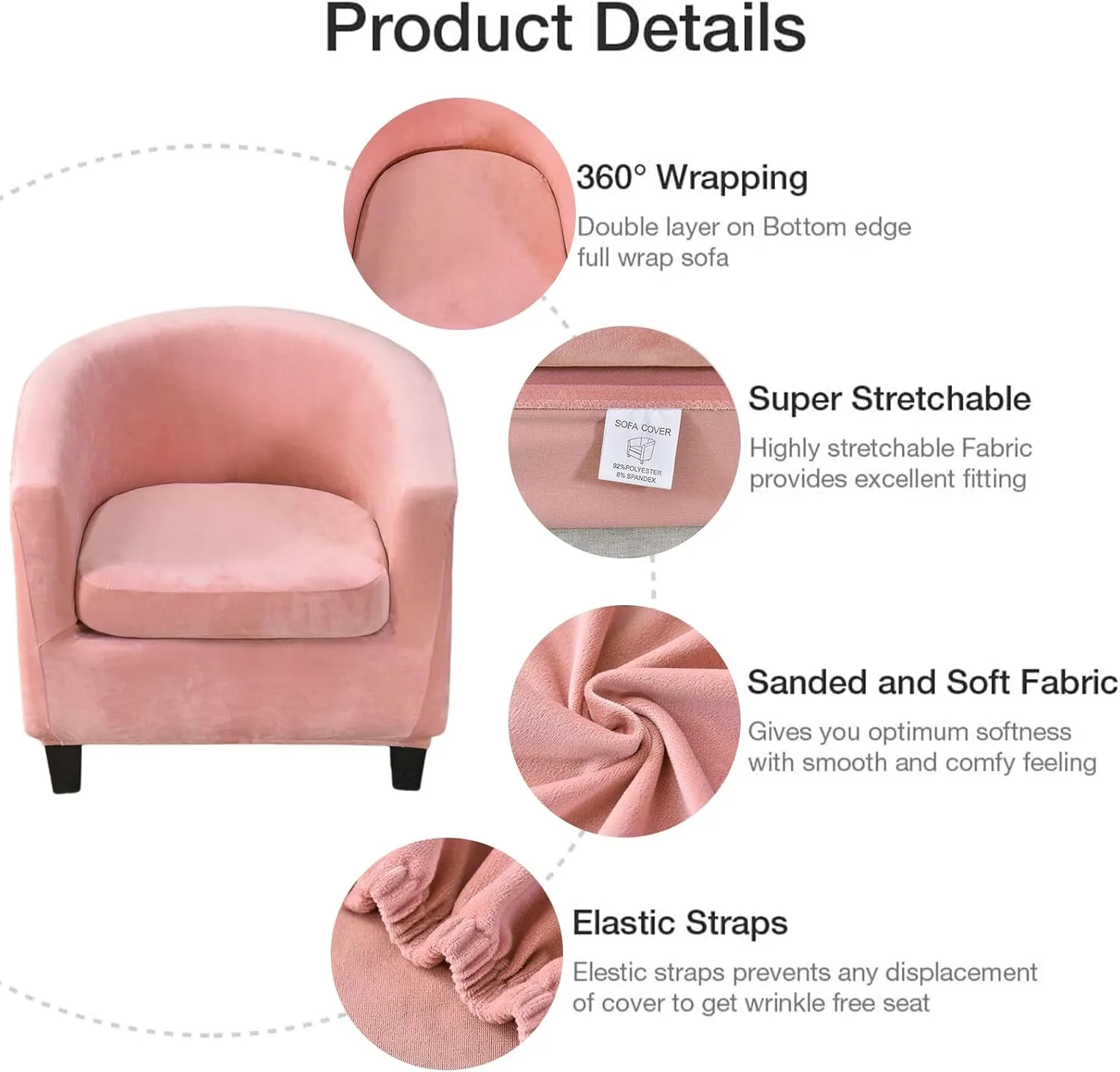 NILUOH Velvet Club Chair Slipcover 2 Piece Stretch Tub Chair Cover Round Barrel Chair Covers Non Slip Armchair Covers Couch Covers with Elastic Bottom for Bar Counter Living Room(Pink)