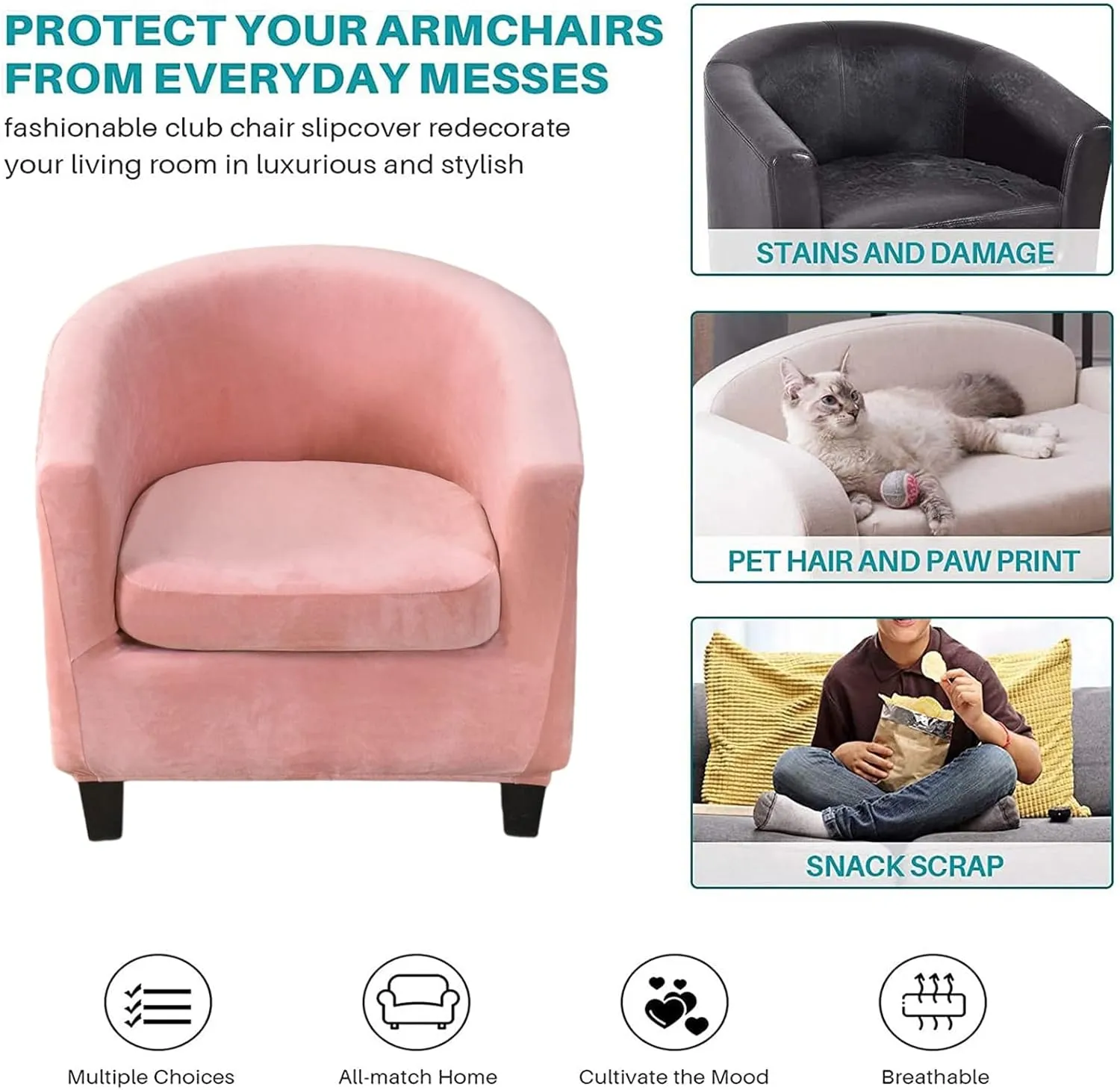 NILUOH Velvet Club Chair Slipcover 2 Piece Stretch Tub Chair Cover Round Barrel Chair Covers Non Slip Armchair Covers Couch Covers with Elastic Bottom for Bar Counter Living Room(Pink)