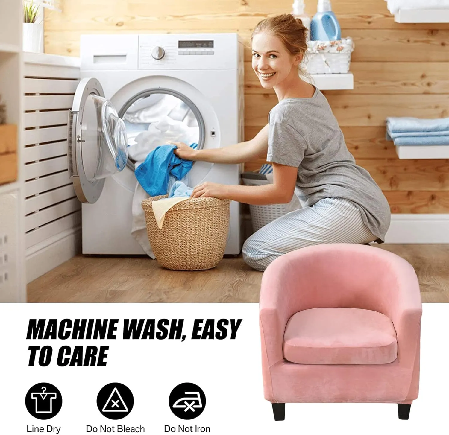 NILUOH Velvet Club Chair Slipcover 2 Piece Stretch Tub Chair Cover Round Barrel Chair Covers Non Slip Armchair Covers Couch Covers with Elastic Bottom for Bar Counter Living Room(Pink)