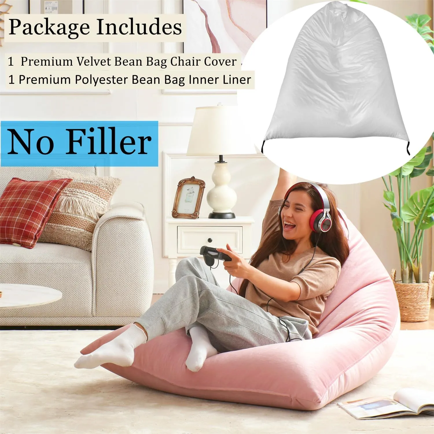 Nobildonna Bean Bag Chair Cover with Bean Bag Inner Liner Cover (No Filler), 400L Extra Large Triangular Removable and Clean Beanbag Chair Cover Ultra Soft Lazy Sofa Premium Velvet Cover (Pink)