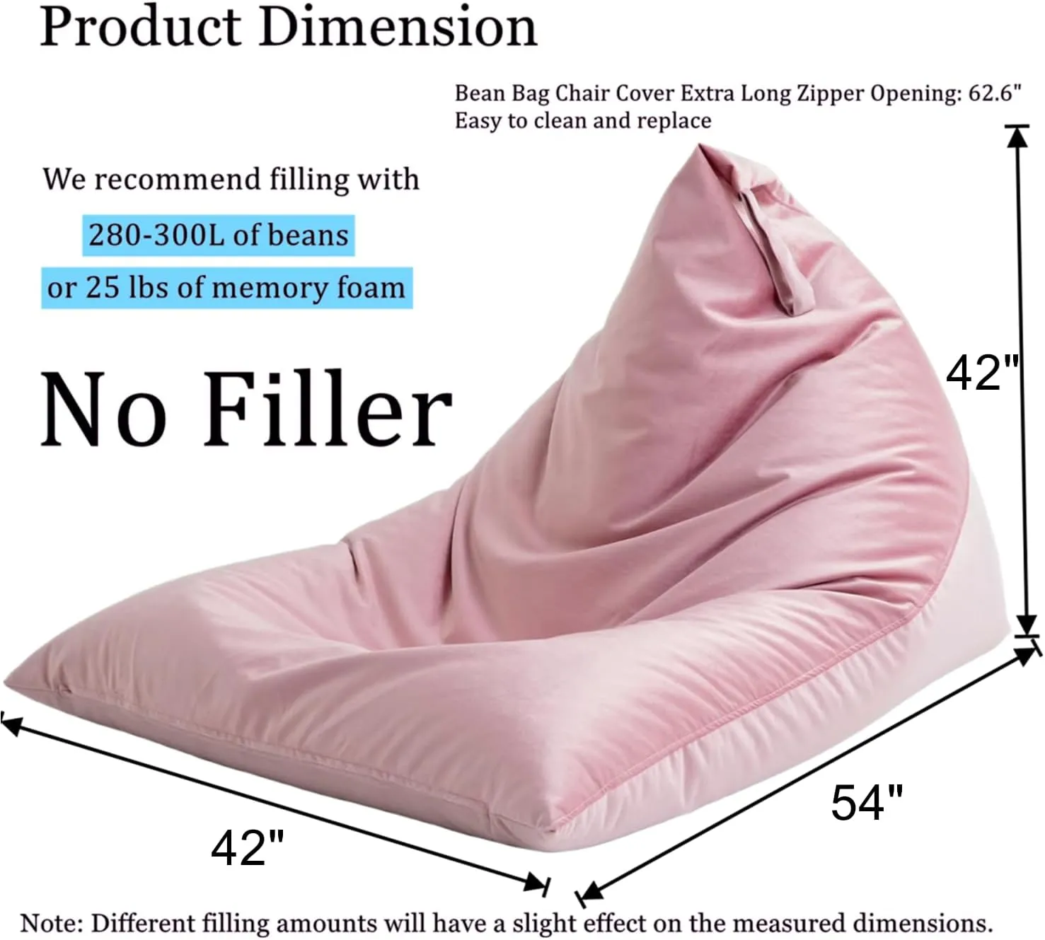Nobildonna Bean Bag Chair Cover with Bean Bag Inner Liner Cover (No Filler), 400L Extra Large Triangular Removable and Clean Beanbag Chair Cover Ultra Soft Lazy Sofa Premium Velvet Cover (Pink)
