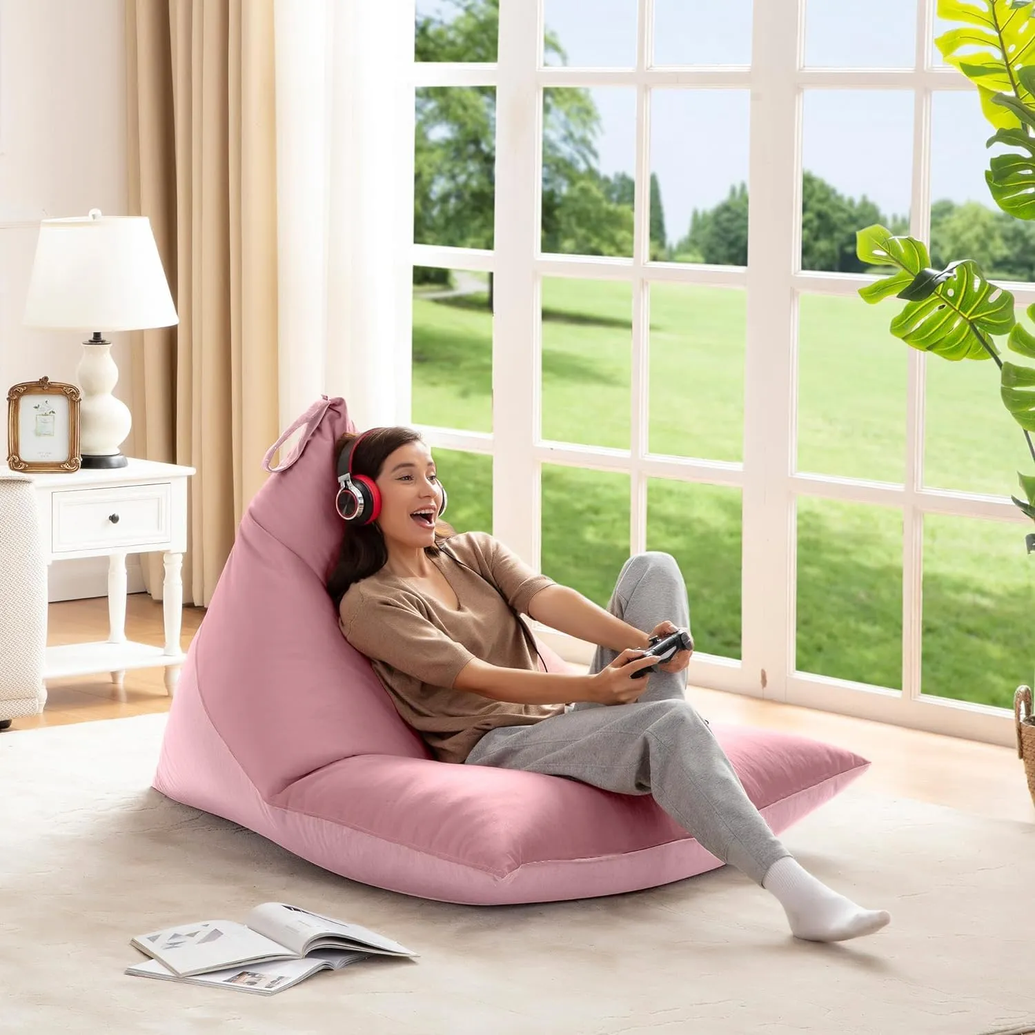 Nobildonna Bean Bag Chair Cover with Bean Bag Inner Liner Cover (No Filler), 400L Extra Large Triangular Removable and Clean Beanbag Chair Cover Ultra Soft Lazy Sofa Premium Velvet Cover (Pink)