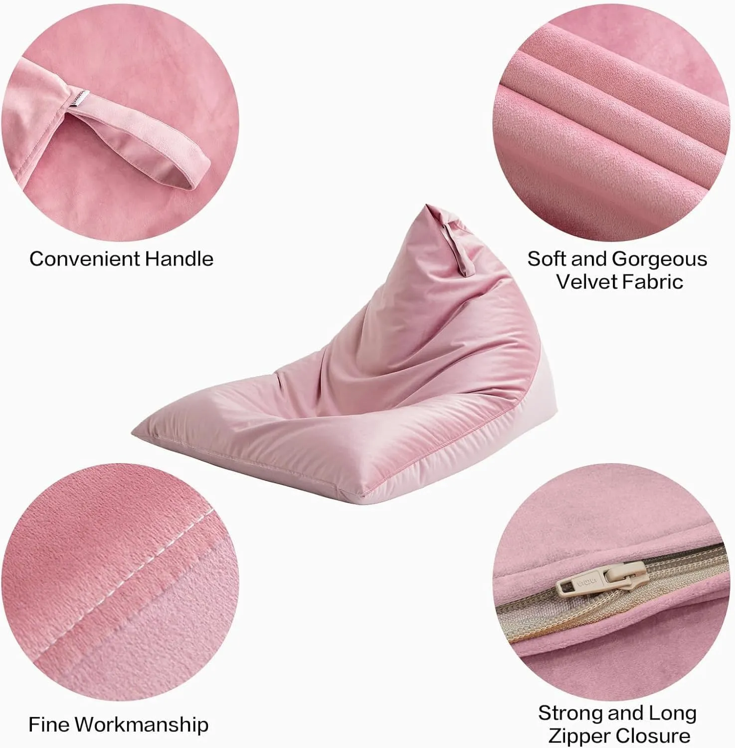 Nobildonna Bean Bag Chair Cover with Bean Bag Inner Liner Cover (No Filler), 400L Extra Large Triangular Removable and Clean Beanbag Chair Cover Ultra Soft Lazy Sofa Premium Velvet Cover (Pink)