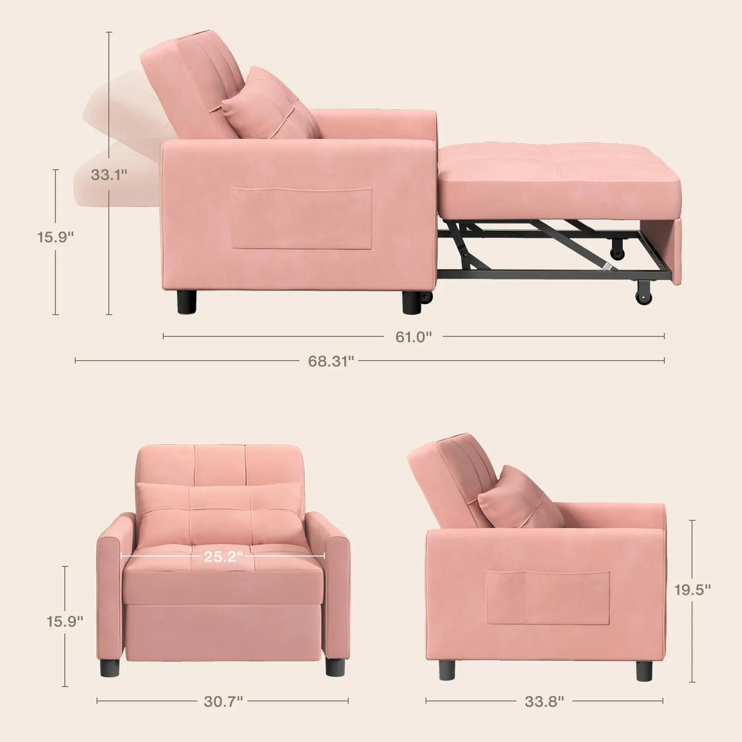 Noelse Convertible Chair Bed Sleeper, 3-in-1 Sofa Bed Sleeper Chair, Pollout Futon Sofa Chair Adjustable Backrest Armchair with Velvet Fabric for Living Room Apartment, Pink