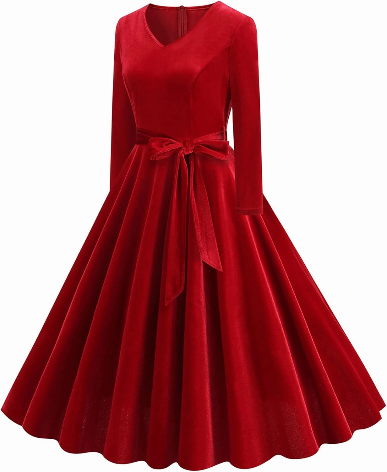 ODOLDI Women's 1950s Retro Vintage Dress Velvet Long Sleeve V Neck Belted Swing Dress Cocktail Dress