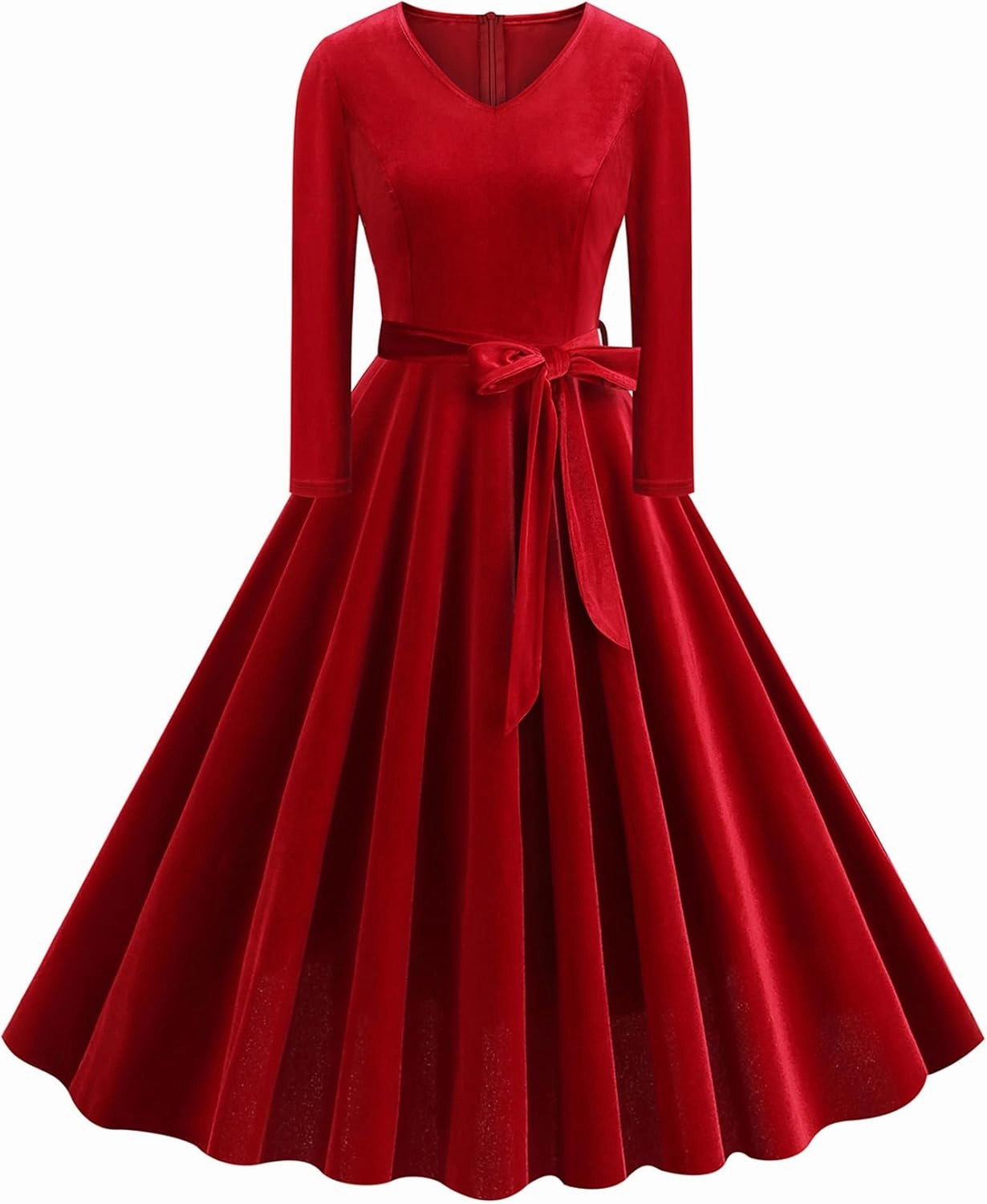 ODOLDI Women's 1950s Retro Vintage Dress Velvet Long Sleeve V Neck Belted Swing Dress Cocktail Dress