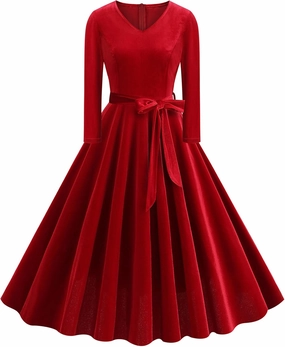 ODOLDI Women's 1950s Retro Vintage Dress Velvet Long Sleeve V Neck Belted Swing Dress Cocktail Dress
