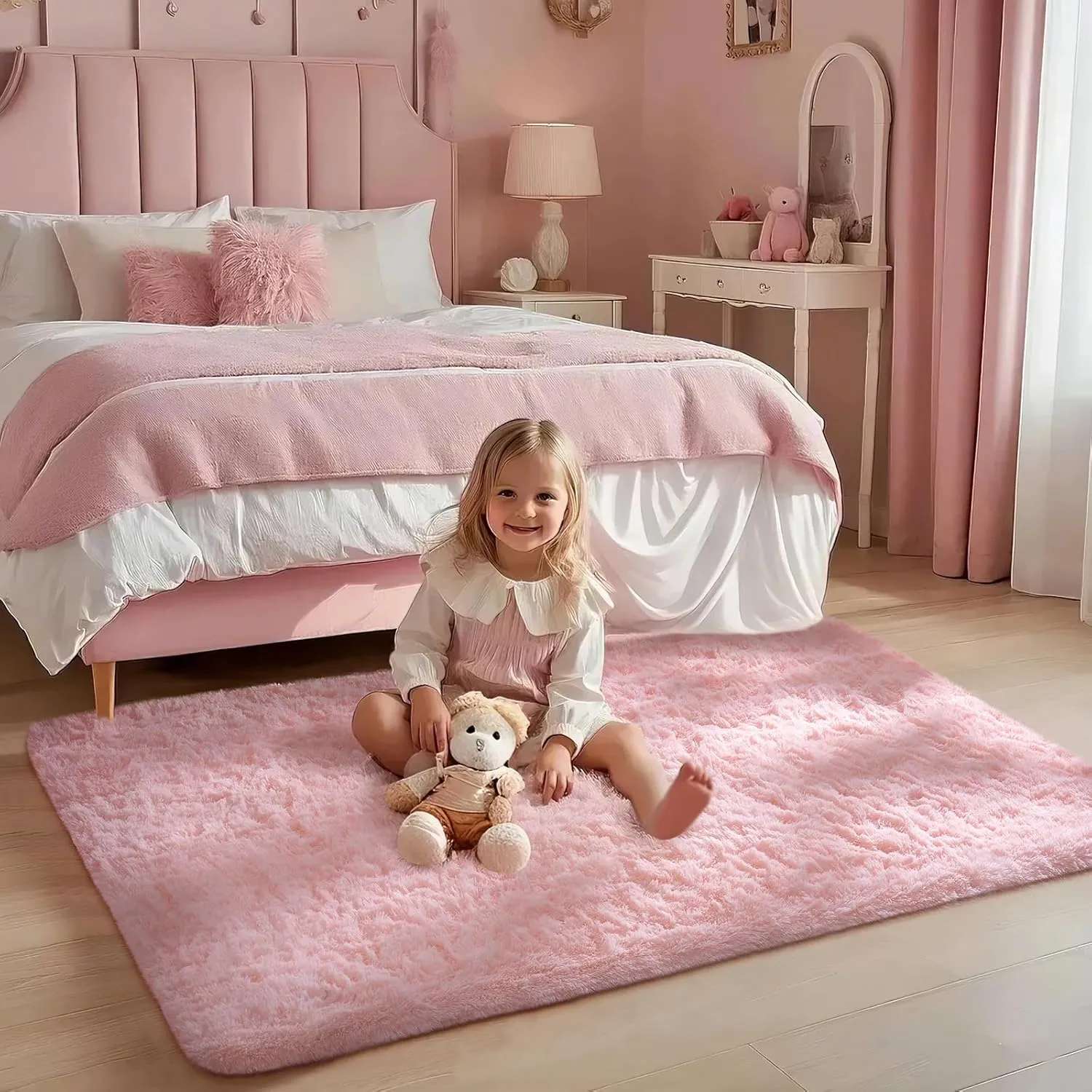 Ophanie Upgrade 3x5 Rugs for Bedroom, Pink, Fluffy Shaggy Soft Area Rug, Gray Non-Slip Indoor Floor Carpet for Living Room, Kids Baby Boys Teen Dorm Home Decor Aesthetic, Nursery, Rug