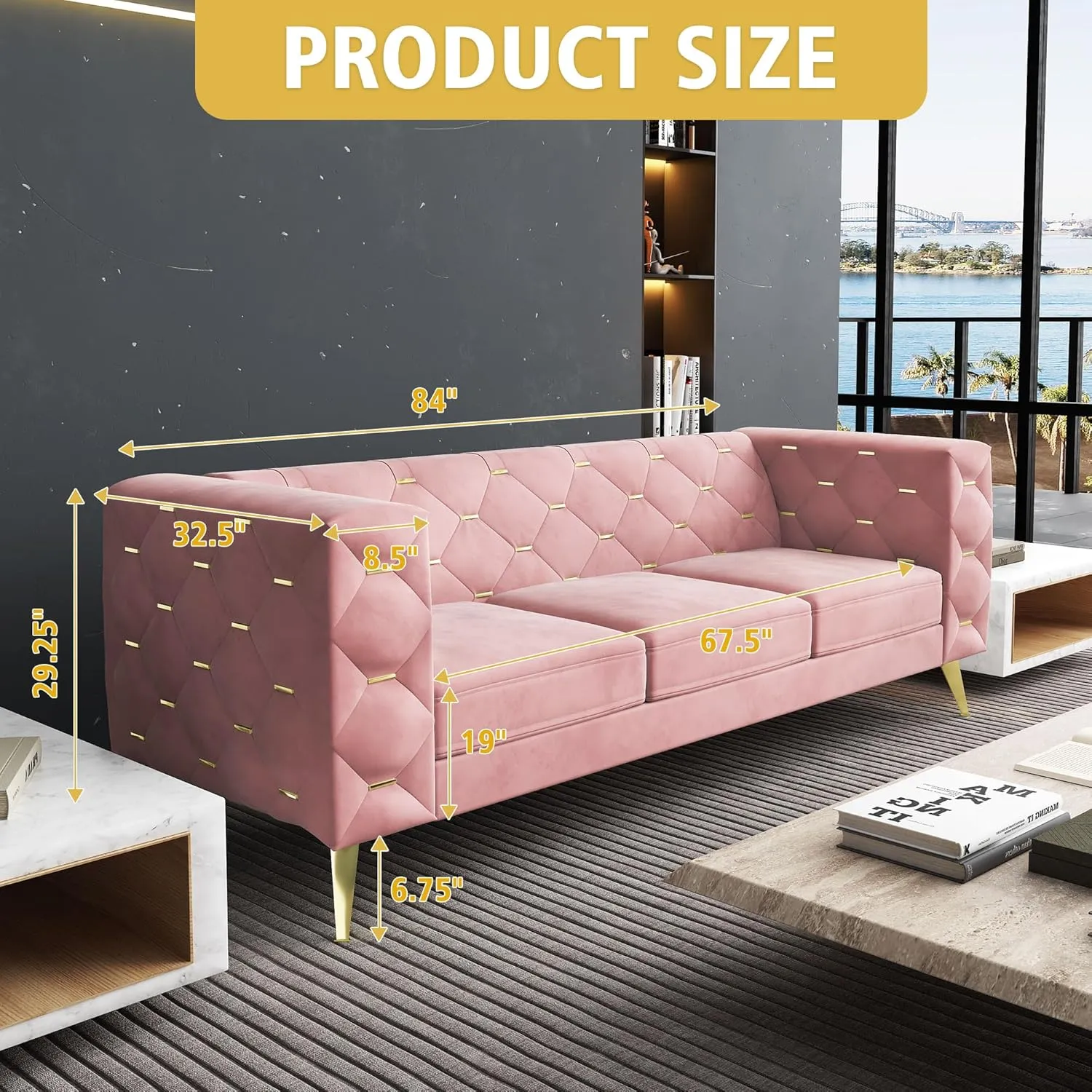 ORRD Chesterfield Couch, Velvet Upholstered 3 Seater Couch w/ Square Arms and Tufted Back, Mid-Century Modern Sofa Couch w/ Metal Buckle Decor and Metal Legs for Living Room, Office, Bedroom (Pink)