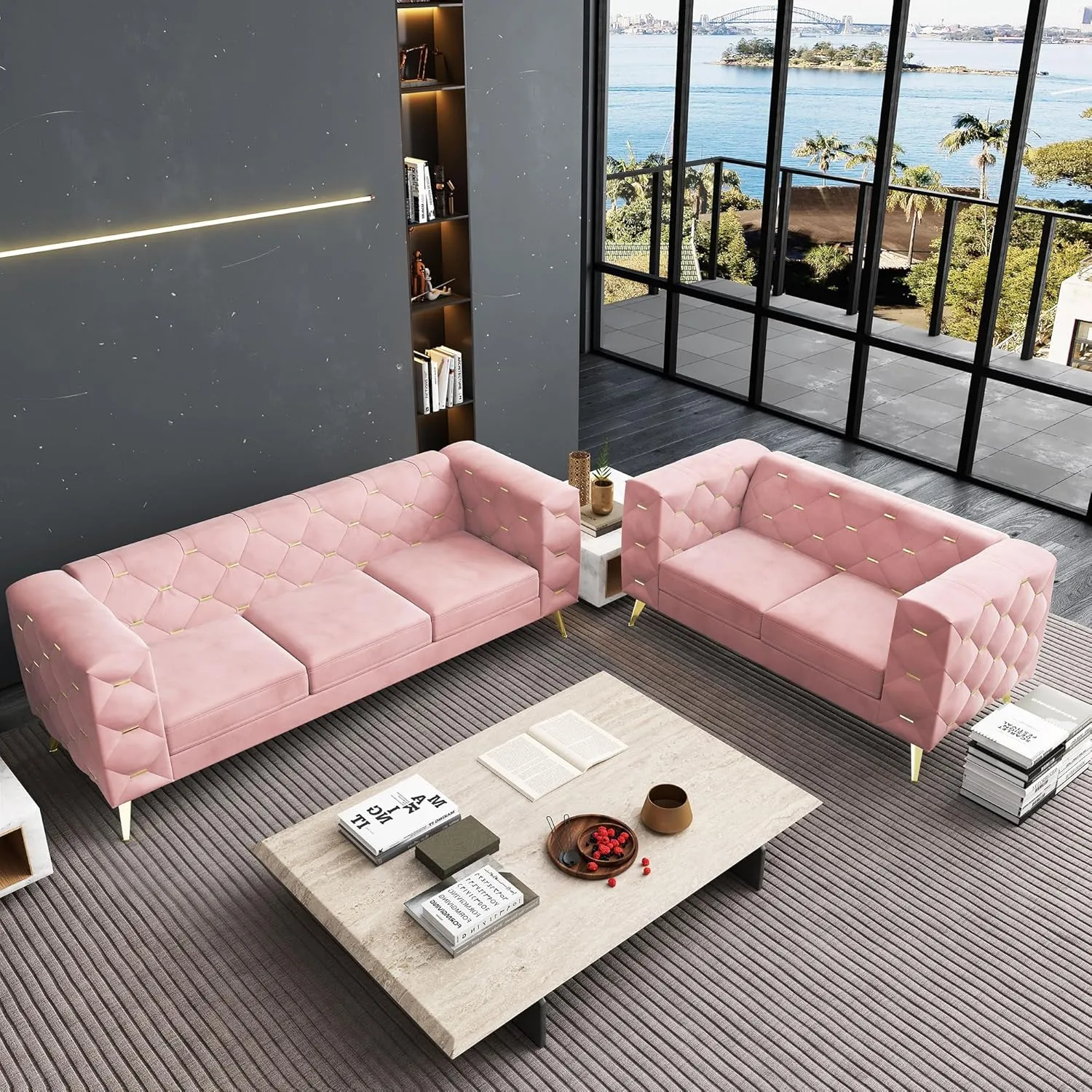 ORRD Chesterfield Couch, Velvet Upholstered 3 Seater Couch w/ Square Arms and Tufted Back, Mid-Century Modern Sofa Couch w/ Metal Buckle Decor and Metal Legs for Living Room, Office, Bedroom (Pink)