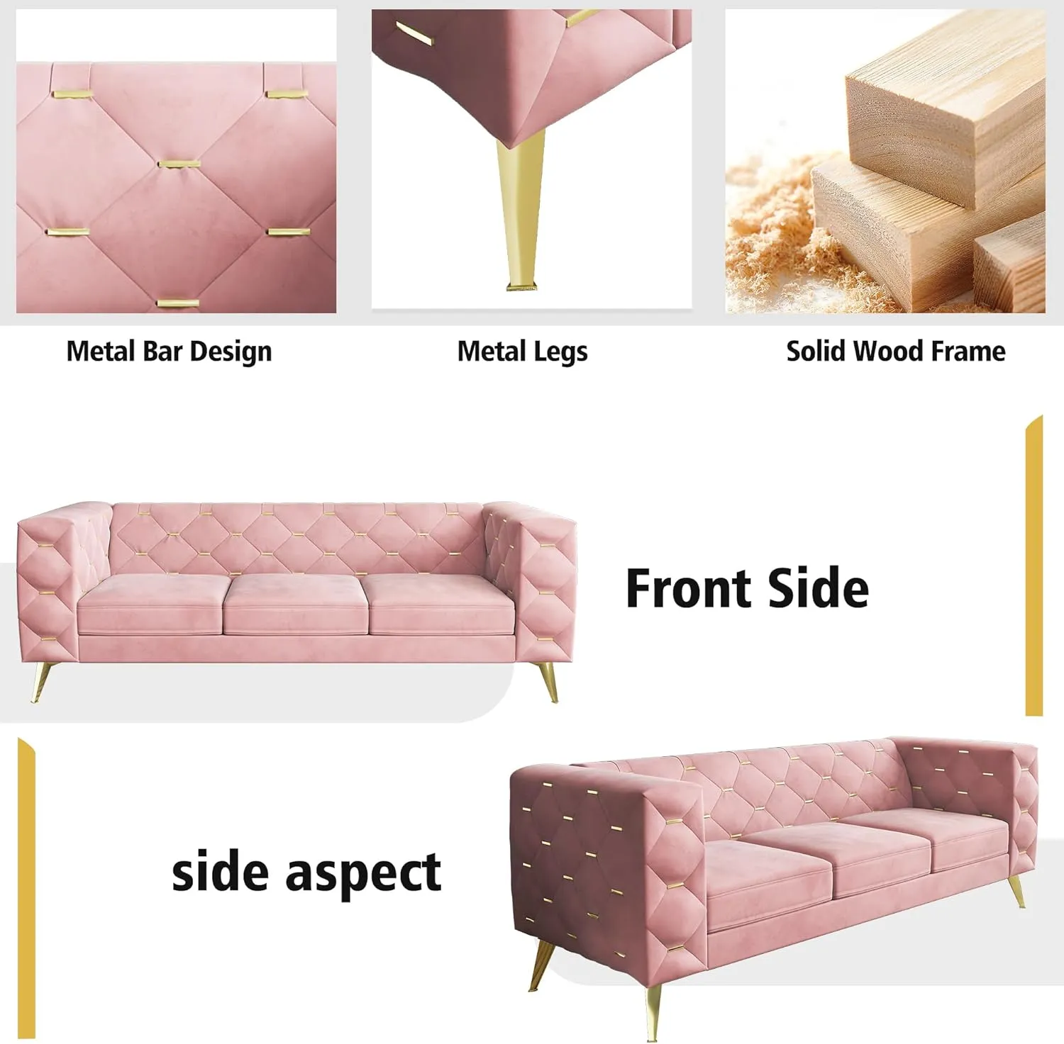 ORRD Chesterfield Couch, Velvet Upholstered 3 Seater Couch w/ Square Arms and Tufted Back, Mid-Century Modern Sofa Couch w/ Metal Buckle Decor and Metal Legs for Living Room, Office, Bedroom (Pink)