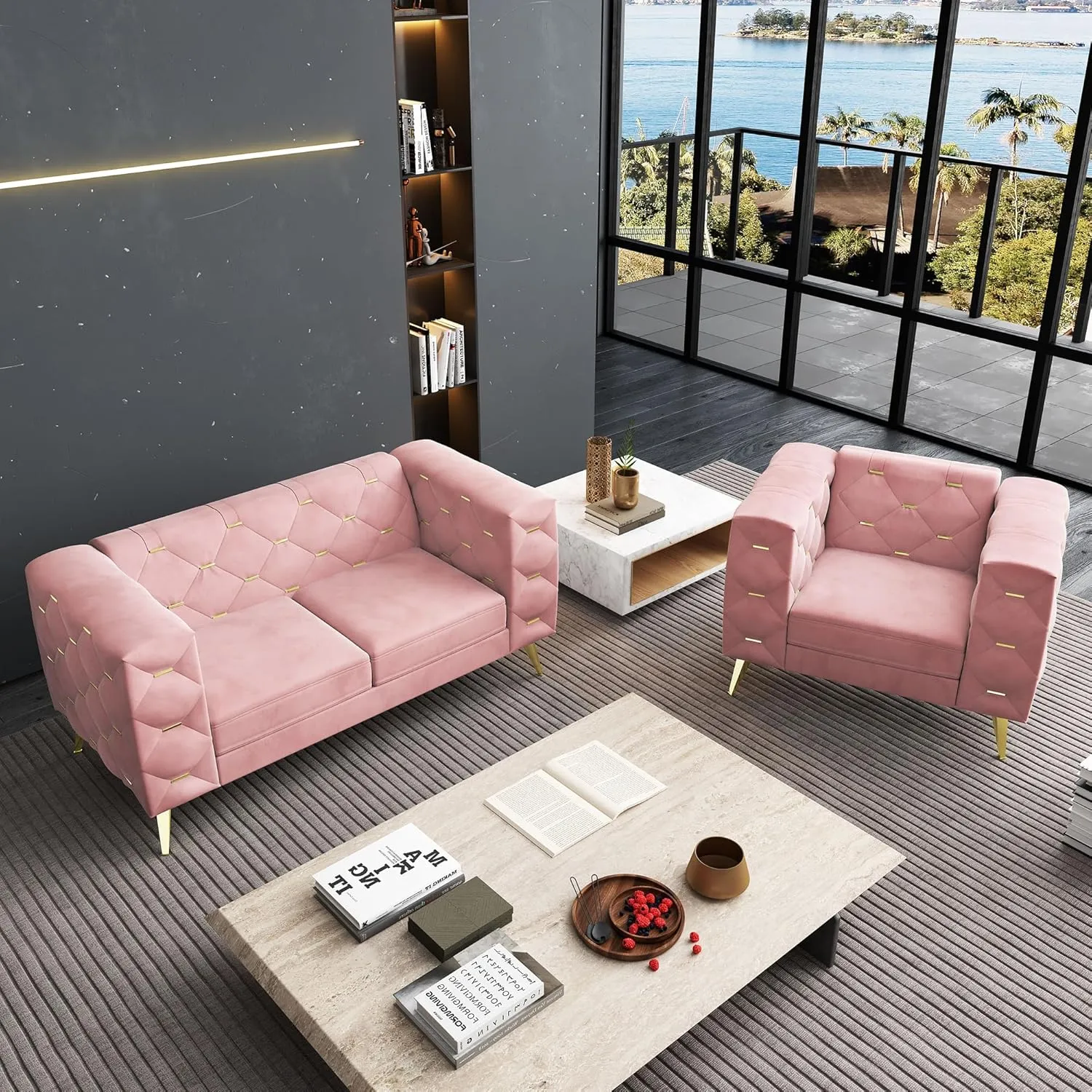 ORRD Chesterfield Couch, Velvet Upholstered 3 Seater Couch w/ Square Arms and Tufted Back, Mid-Century Modern Sofa Couch w/ Metal Buckle Decor and Metal Legs for Living Room, Office, Bedroom (Pink)