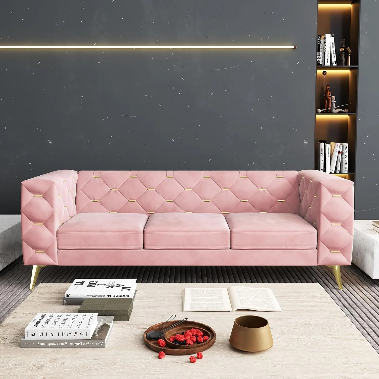 ORRD Chesterfield Couch, Velvet Upholstered 3 Seater Couch w/ Square Arms and Tufted Back, Mid-Century Modern Sofa Couch w/ Metal Buckle Decor and Metal Legs for Living Room, Office, Bedroom (Pink)
