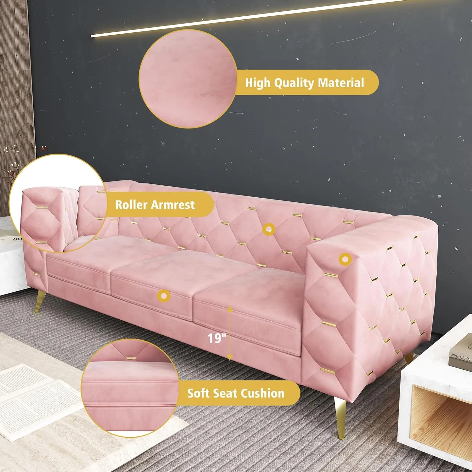 ORRD Chesterfield Couch, Velvet Upholstered 3 Seater Couch w/ Square Arms and Tufted Back, Mid-Century Modern Sofa Couch w/ Metal Buckle Decor and Metal Legs for Living Room, Office, Bedroom (Pink)