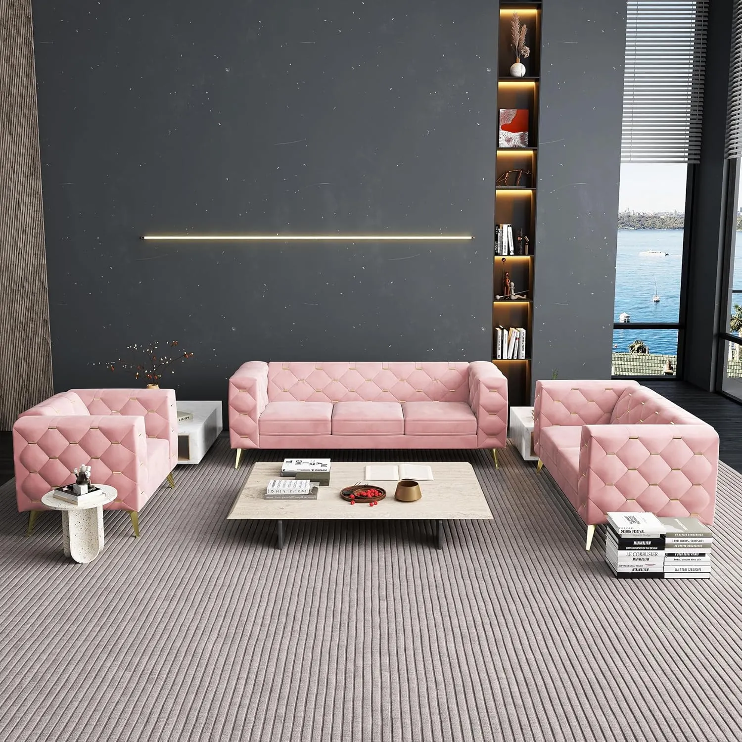 ORRD Chesterfield Couch, Velvet Upholstered 3 Seater Couch w/ Square Arms and Tufted Back, Mid-Century Modern Sofa Couch w/ Metal Buckle Decor and Metal Legs for Living Room, Office, Bedroom (Pink)