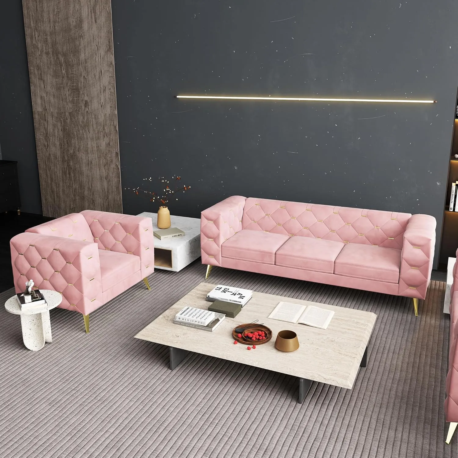 ORRD Chesterfield Couch, Velvet Upholstered 3 Seater Couch w/ Square Arms and Tufted Back, Mid-Century Modern Sofa Couch w/ Metal Buckle Decor and Metal Legs for Living Room, Office, Bedroom (Pink)