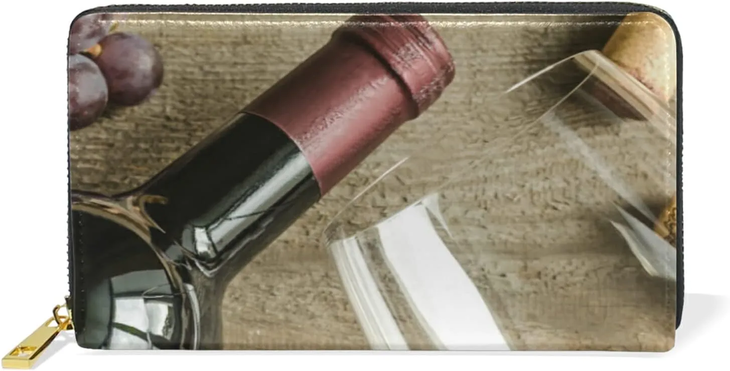 Oyihfvs Vintage Red wine White Glasses Red Leaf Grapes Leather Long Wallet Organizer with Zipper Purse Clutch Bag for Women Men