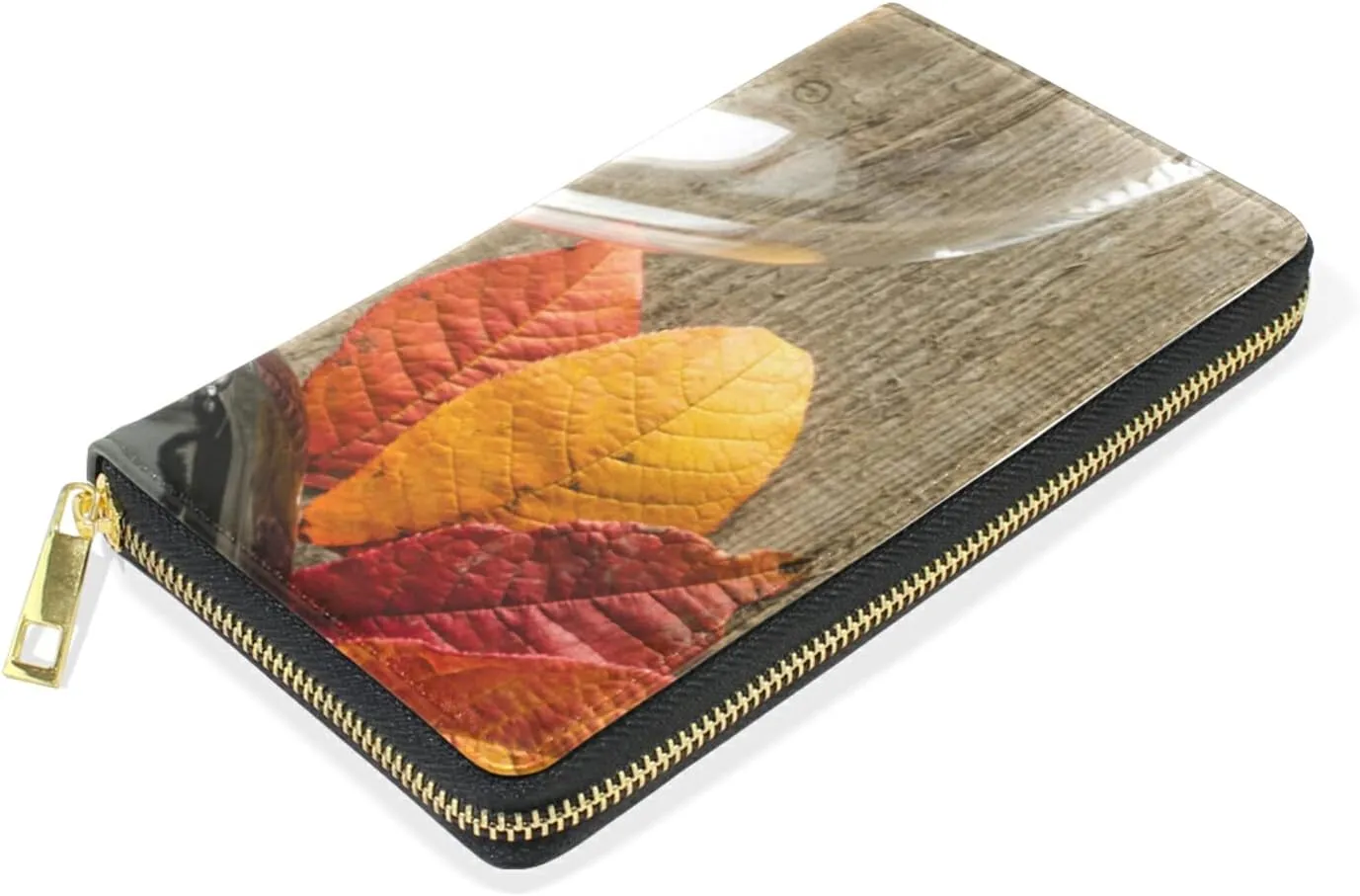 Oyihfvs Vintage Red wine White Glasses Red Leaf Grapes Leather Long Wallet Organizer with Zipper Purse Clutch Bag for Women Men