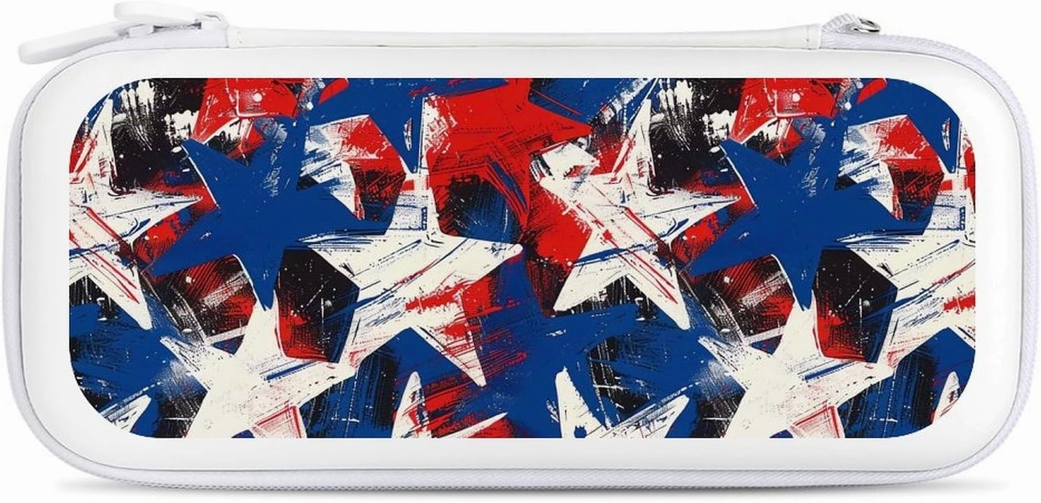 Paint U.S.A. Red White Blue Star Hard Shell Travel Case with Rope 15 Game Card Pockets Compatible with Switch Protective